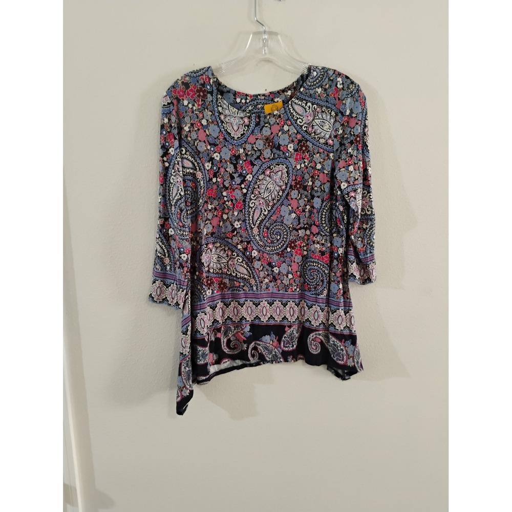 Ruby Rd Petite PS Paisley Floral Tunic Top 3/4 Sleeve Handkerchief Hem Multi